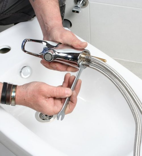 Plumber Installing Faucet On Bidet In Bathroom — Professional Plumbing Services in Roseville, NSW